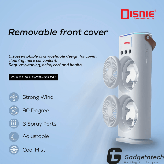 Disnie DRMF-63USB Rechargeable Double Head Portable Mini Air Cooling Mist Fan with Remote