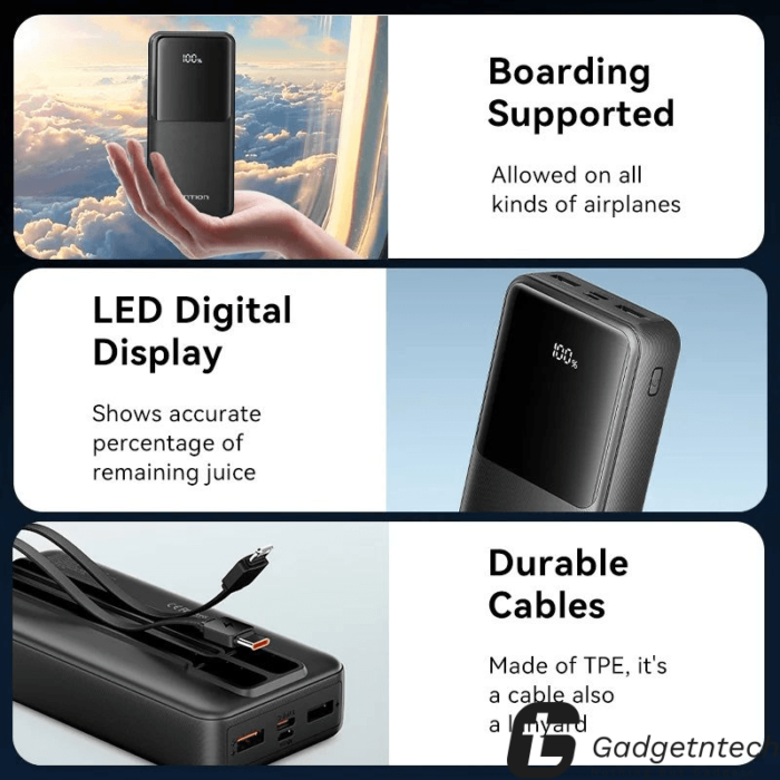Vention 22.5W 20000mAh Power Bank with Built-in USB-C and Lightning Cables